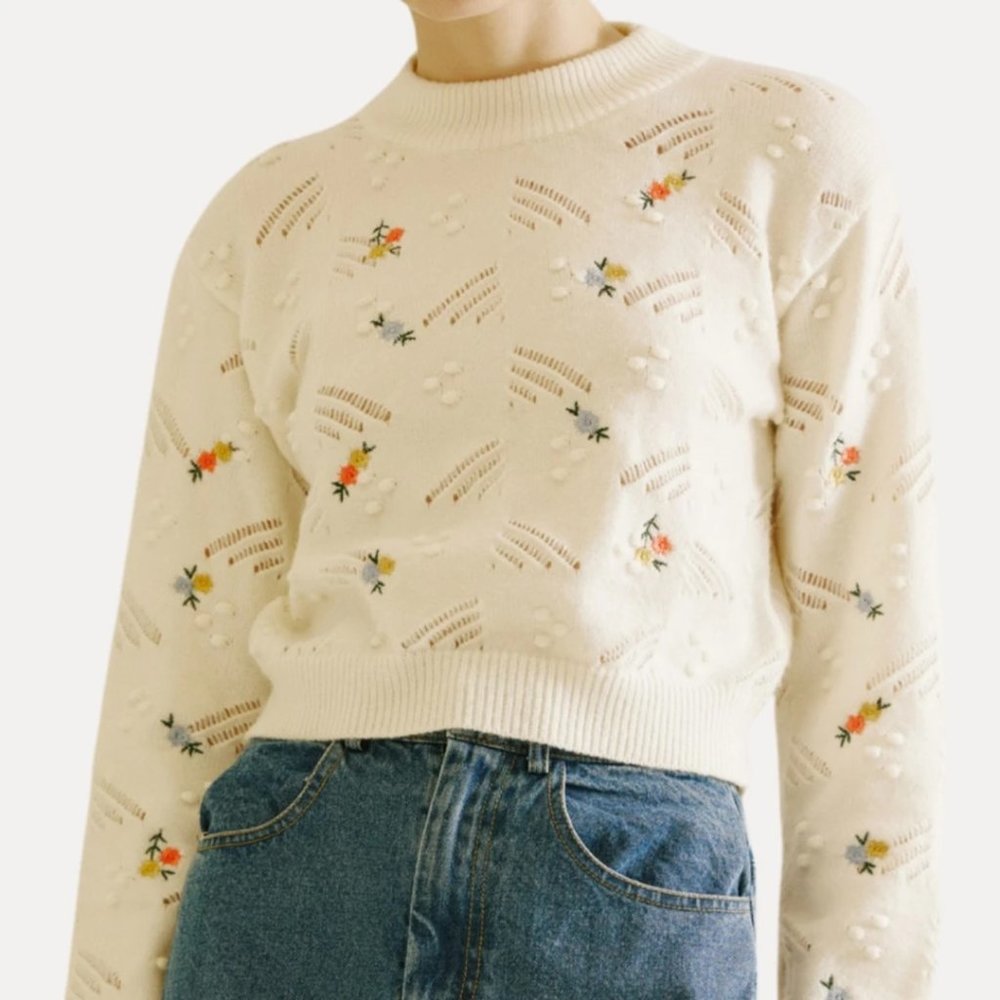 Storia Embroidered Floral and Pom-Pom Detail Cream Knit Sweater